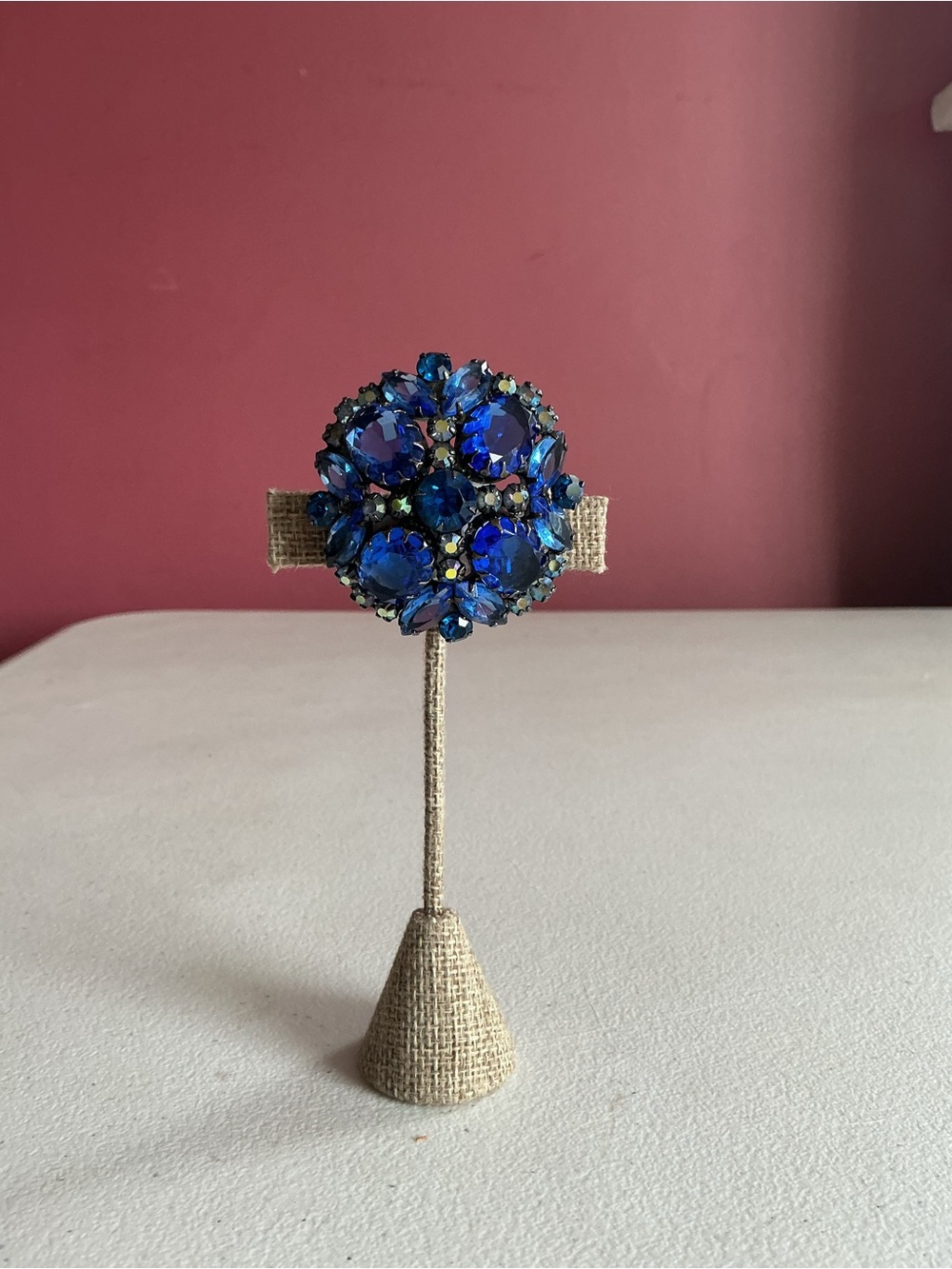 Vintage Juliana D&E Blue Rhinestone Brooch Domed Cluster AB Accent Open Back
